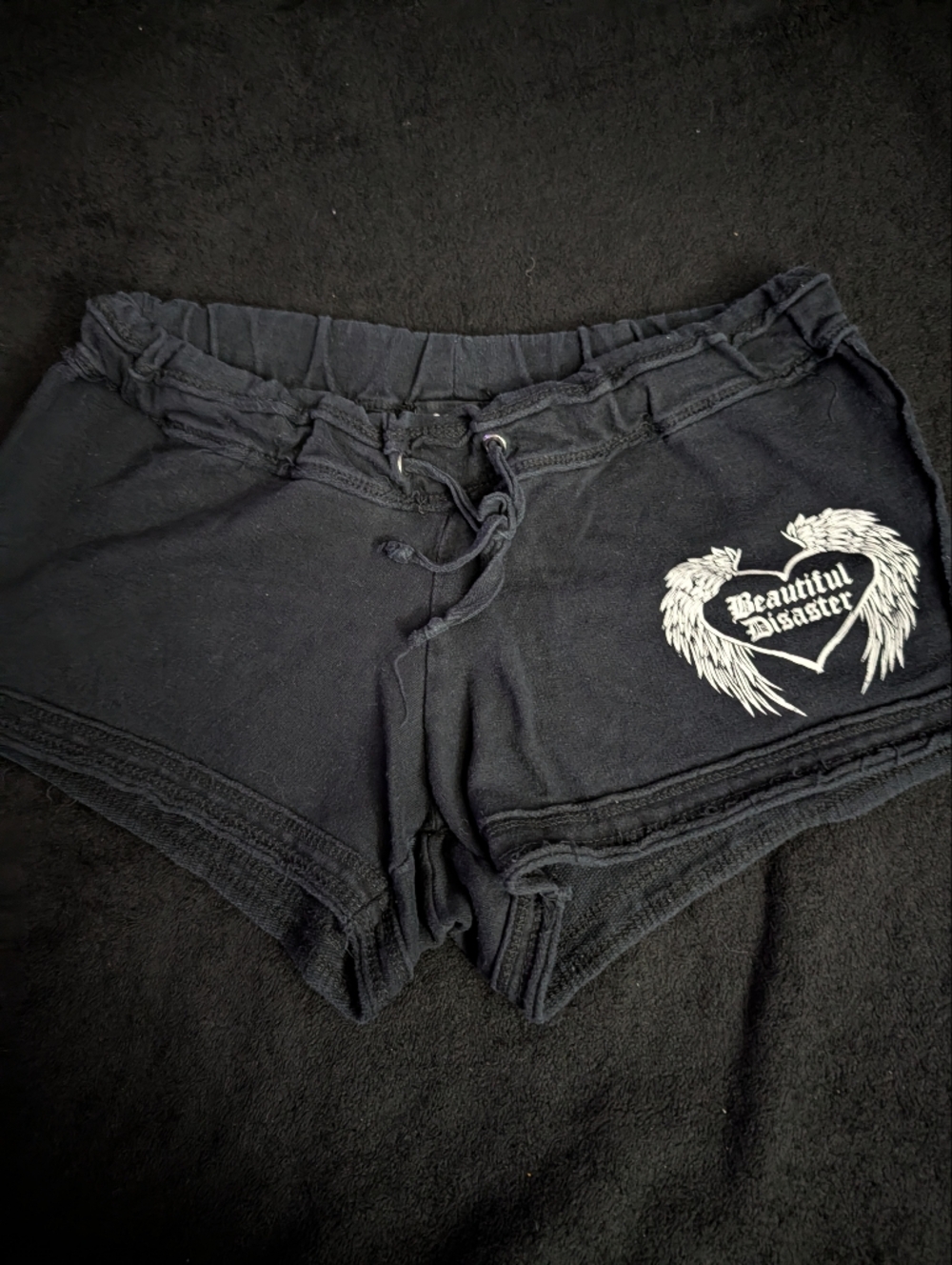 Women's Black Athletic Lounge Shorts with Wing Heart Graphic